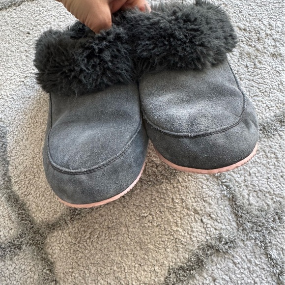 SOREL slippers GO COFFEE RUN gray leather faux fur slip on slides shoes 8 - Picture 8 of 12